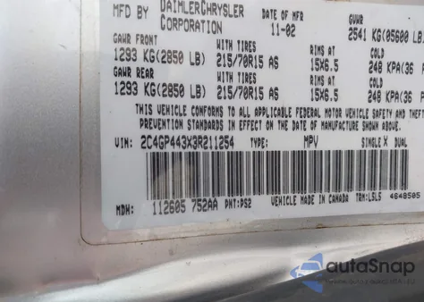 2003 Chrysler Town & Country Lx z USA, uszkodzony, nr VIN 2C4GP443X3R211254